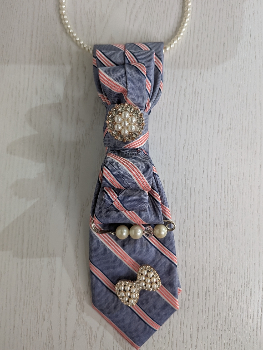 Striped Bow Tie Pendant Necklace with Pearl & Rhinestone Accents 
Handmade